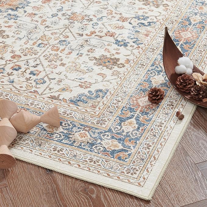 jinchan Area Rug 8x10 Washable Living Room Rug Vintage Distressed Orange Multi Floral Floor Cover Indoor Mat Retro Carpet Bedroom Office Kitchen Farmhouse