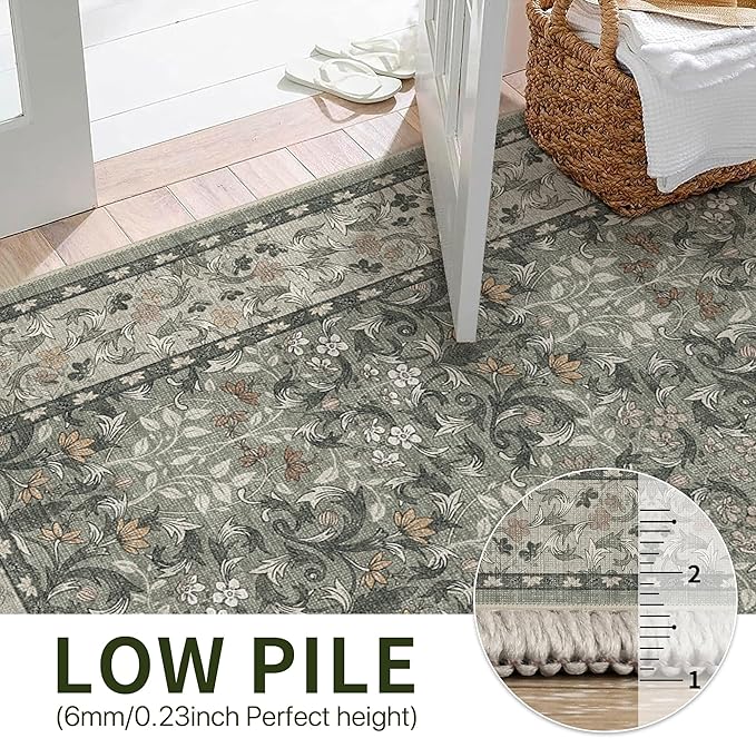 Bavni 5x7 Area Rugs for Living Room, Floral Rug Machine Washable Non Slip, Vintage Boho Forest Carpet, Soft Low Pile Thin Lightweight Rugs for Bedroom, Farmhouse, Dining Room Office, Mist Grey/Ivory