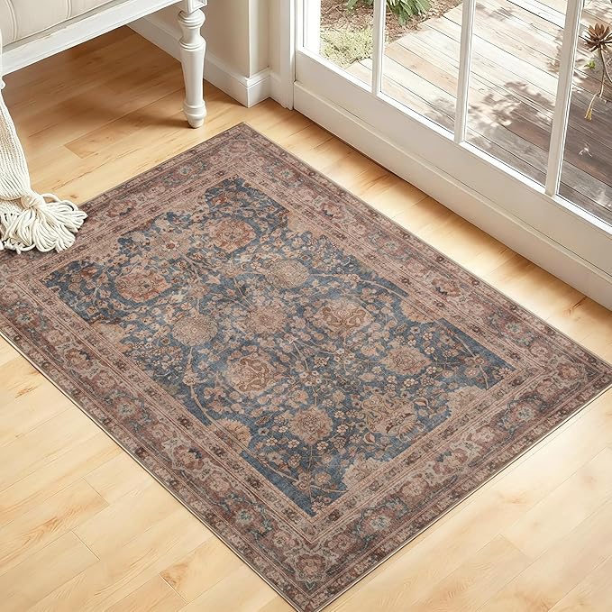 Kuden 3x5 Small Rug, Machine Washable, Non-Slip Backing, Vintage Style, Soft, Low Pile, Area Rugs for Entryway Kitchen Indoor Entrance