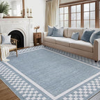 GarveeHome 5x7 Washable Area Rug for Bedroom Living Room Non Slip Modern Bordered Throw Rugs Low Pile Soft Checkered Dining Room Area Rugs Geometric Throw Carpet for Kitchen Nursery Office, Blue