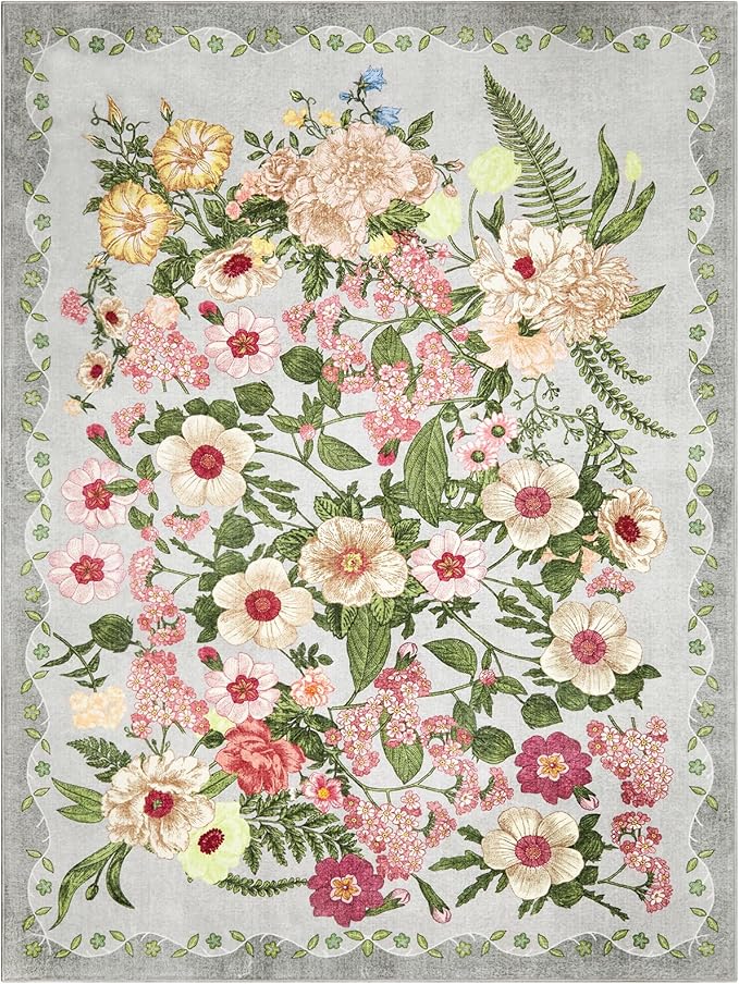 Floral Area Rug Living Room - 8x10 Washable Rugs Non-Slip Soft Bedroom Rugs Under Bed Stain Resistant Accent Indoor Floor Vintage Carpet for Dining Room Kids Playroom Home Office Decor, Grey