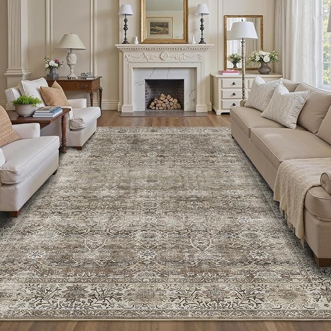 9x12 Washable Area Rug Grey Brown Vintage Rug for Living Room Bedroom Low Pile Soft Non-Slip Boho Rug for Under Table Boho Distressed Retro Carpet for Bedroom Kitchen Office Dining