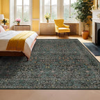 Vintage Dark Green Living Room Rug, 7x10 Washable Area Rugs for Dining Room Under Table, Bedroom, Oriental Low Pile Stain Resistant Non-Slip Thin Soft Carpet