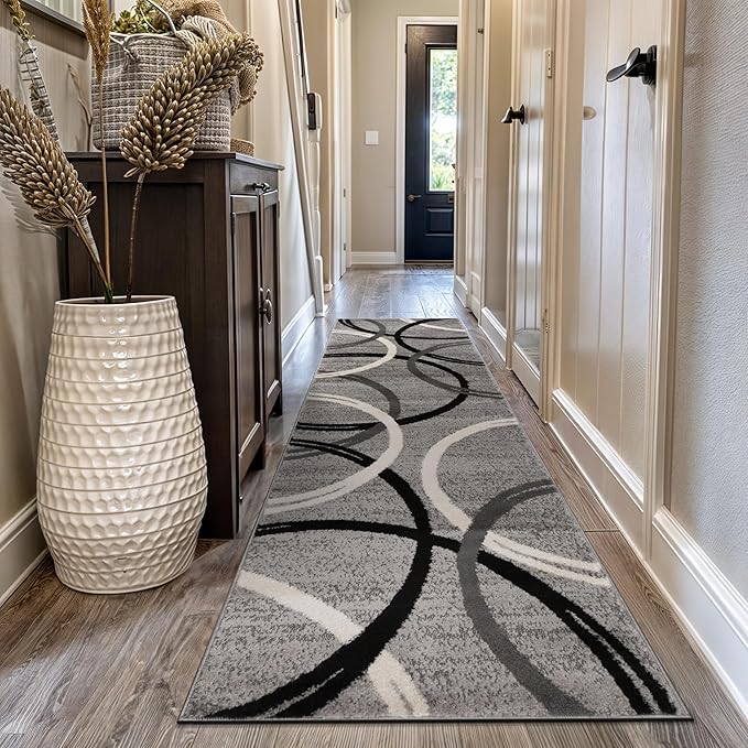 Rugshop Wavy Circles Design Runner Rug, Non-Shedding Carpet for Hallway, Kitchen, or Entryway, Gray, 2'7" x 12'