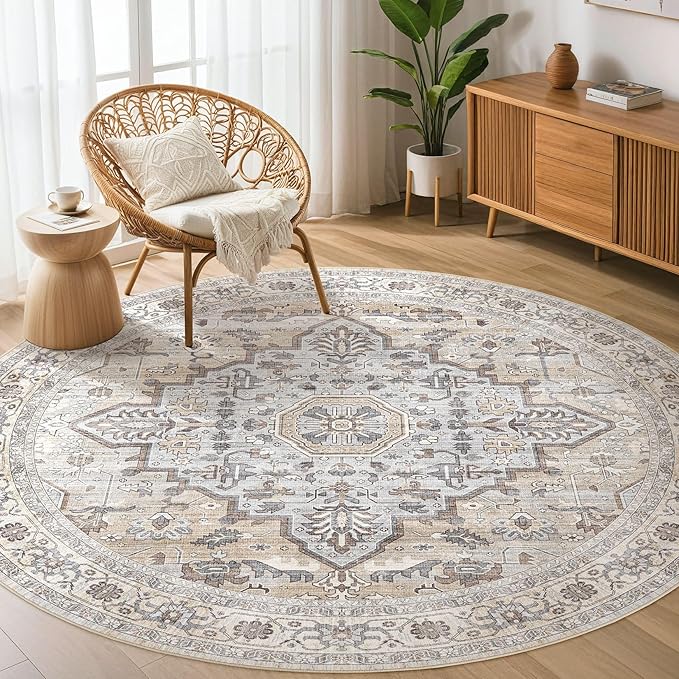 Round Rug Living Room Rugs: 6x6 Washable Boho Neutral Large Circle Soft Indoor Distressed Stain Resistant Floor Farmhouse Carpet for Bedroom Nursery Kids Playroom Office Dining Room Dorm- Cream Gray