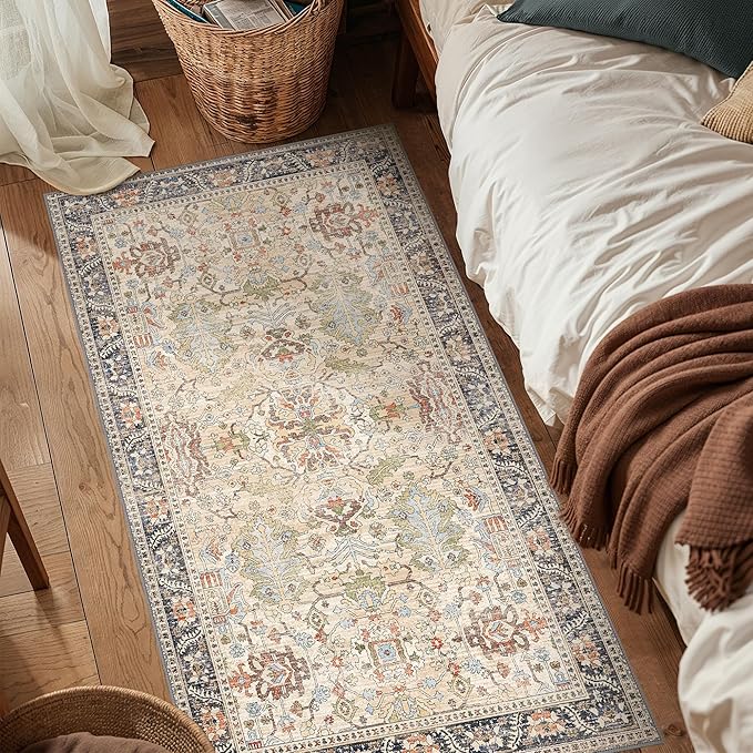 Bavni Area Rug 3x5, Non-Slip Washable Rugs for Living Room Office, Boho Distressed Printed Rug, Low Pile Foldable Decorative Carpet for Bedroom Kitchen Office, Ivory/Teal