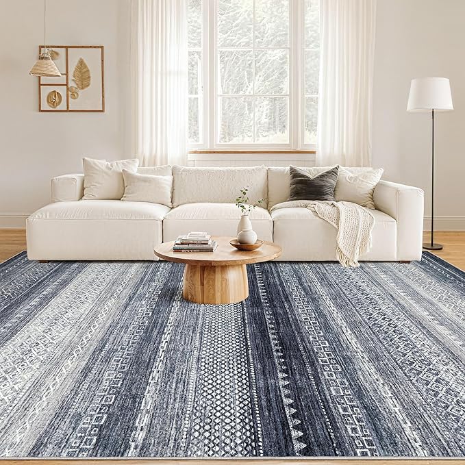 Nakagishi 8x10 Area Rugs Living Room: Washable Boho Large Neutral Soft Modern Rug Stain Resistant Moroccan Non Slip Indoor Floor Carpet for Bedroom Nursery Kids Playroom Office Dining Room- Blue