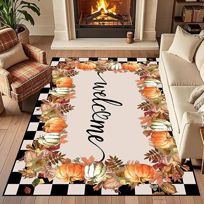 Checkered Area Rugs, 3x4ft, Black and White Check with Fall Leaves Pumpkin Autumn Harvest Carpet, Entrance Rubber Non Slip Breathable Fall Rug for Dining Room Laundry