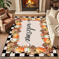 Checkered Area Rugs, 3x4ft, Black and White Check with Fall Leaves Pumpkin Autumn Harvest Carpet, Entrance Rubber Non Slip Breathable Fall Rug for Dining Room Laundry