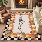 Checkered Area Rugs, 4x6ft, Black and White Check with Fall Leaves Pumpkin Autumn Harvest Carpet, Entrance Rubber Non Slip Breathable Fall Rug for Dining Room Laundry