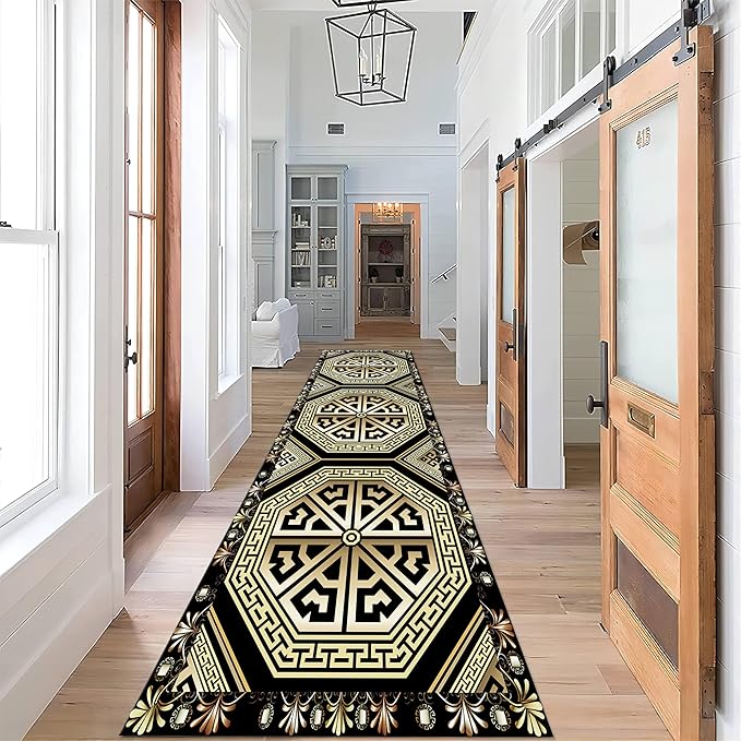 Black Gold Art Runner Rugs, 3.3x10ft, Vintage Greek Key Entrance Rug, Baroque Aesthetic Non-Slip Low Pile Soft Carpets, Cozy Absorbent Durable Non-Shedding Mat for Hallway Bedroom
