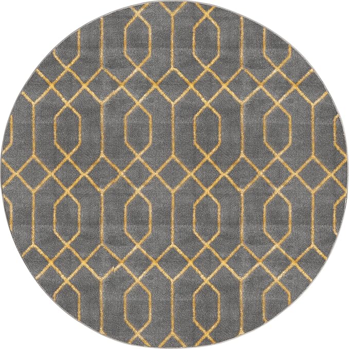 Unique Loom Glam Collection Area Rug - Trellis (5' 3" Round, Gray Gold/ Gold)