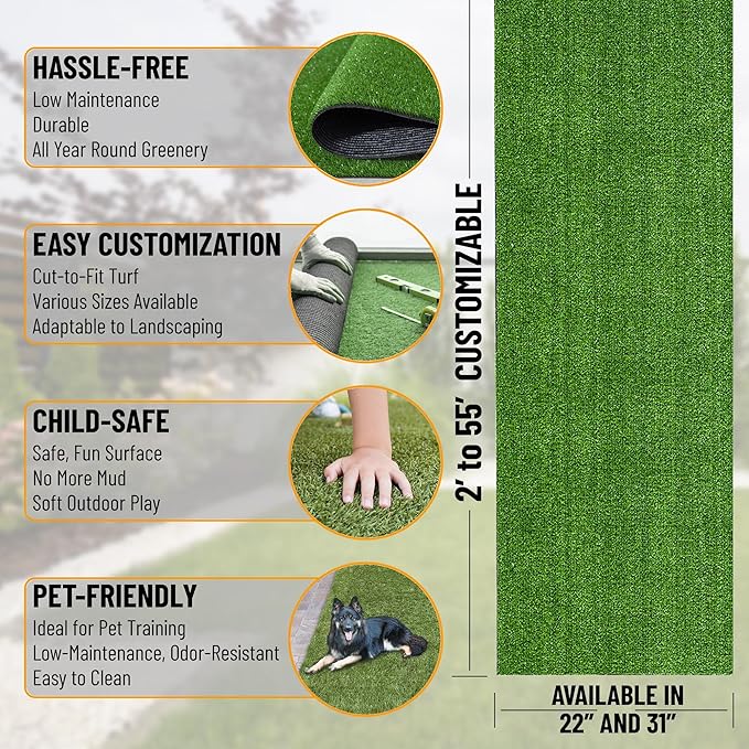 Ottomanson Artificial Grass Turf 2'7" x 41' Indoor Outdoor Faux Grass Rug with Drainage Holes, Customizable with Extra Long Size Options, Perfect for Patio Lawn Balcony Weddings Photoshoot Backdrop