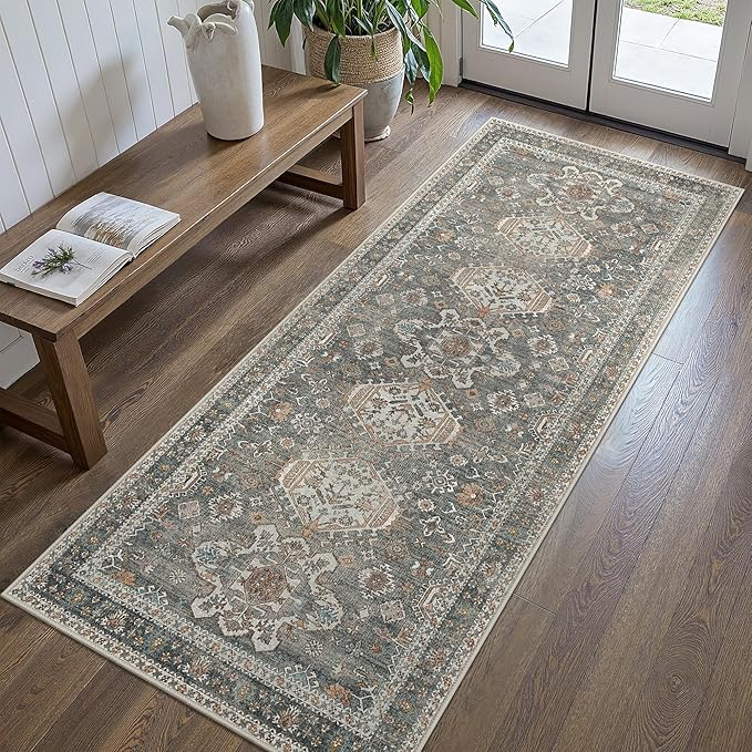 Bavni Washable Runner Rug 2x5, Non Slip Vintage Hallway Runner, Ultra Thin Low Pile Washable Carpet for Kitchen Entryway Bedroom, Grey