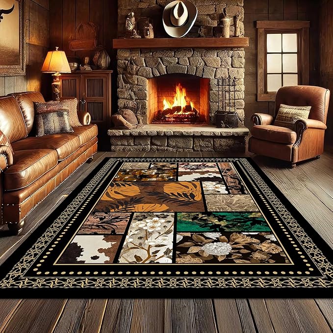 Floral Tropical Patchwork Area Rug 3x5ft, Vintage Black & Brown Country Carpet, Low Pile Non-Slip Mat for Cozy Bedroom, Dining Room, Farmhouse Decor