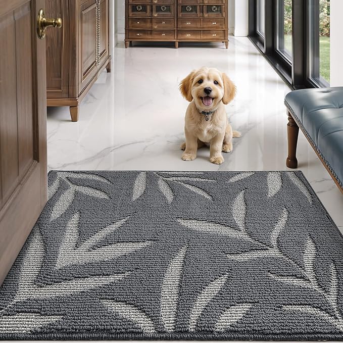 LUMI Indoor Door Mat 48x72, Washable Front Doormat with Welcome Leaf Pattern, Non-Slip Rubber Back Absorbent Mats for Entrance, Patio, Garage, Dark Grey