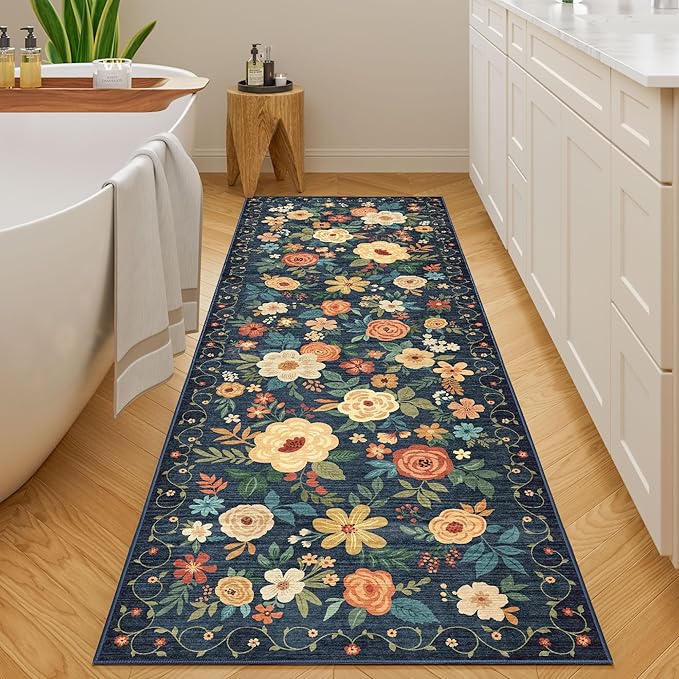 DUKINO Runner Rug, 2.6x8 Kitchen Rug for Hallway with Non Slip Backing, Washable Low Pile Soft Boho Floral Runner Carpet for Hallway, Kitchen, Entryway, Laundry, Bedroom, Dark Blue