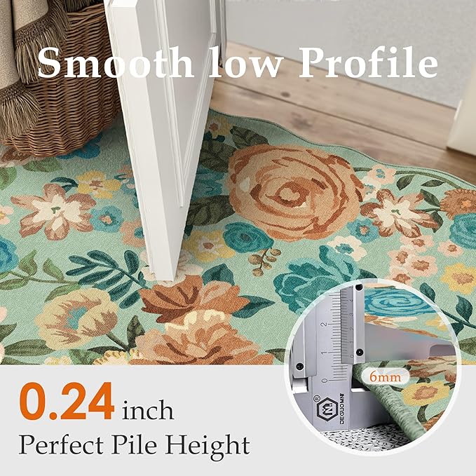 Washable Floral Runner Rug 2x5 Green Hallway Carpet Scalloped Flower Non Slip Soft Long Kitchen Runner Farmhouse Low Pile Thin Indoor Floor Cover for Bathroom Bedroom Laundry Room Entryway