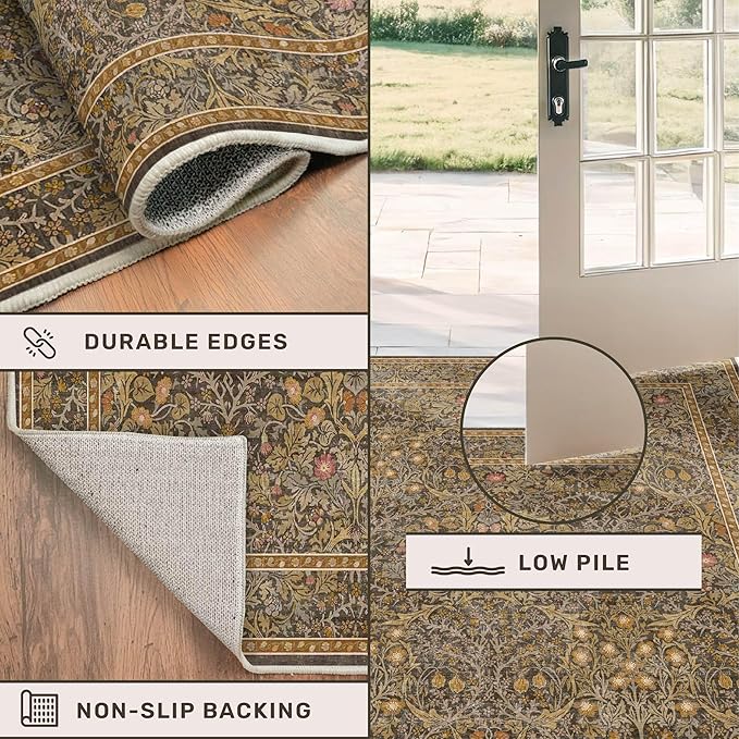 Non Slip 2x10 Gold Brown Hallway Runner - 10ft Long Runner Rugs, Washable Kitchen Floor Mat - Vintage Floral Design Décor