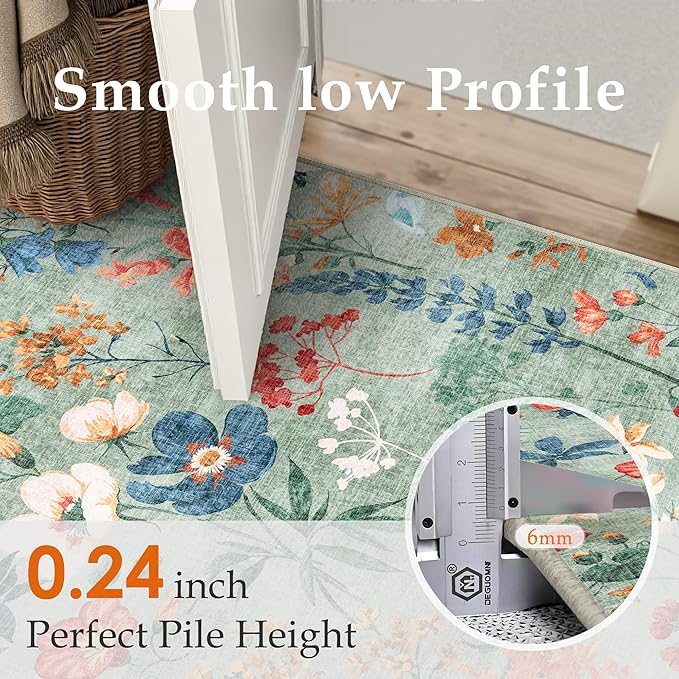 Floral Runner Rug 2x6 Washable Hallway Long Green Bedroom Carpet Non Slip Indoor Boho Kitchen Low Pile Accent Rug Lightweight Soft for Bathroom Dining Laundry Living Room