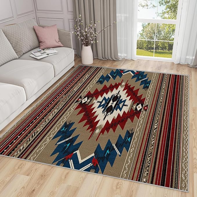 6x9 Rug Washable - Navajo Rug for Bedroom, Southwestern Tribal Ethnic Rustic Cabin Non Slip Low Pile Area Rugs for Living Room, Navajo Carpets Home Decor & Gifts