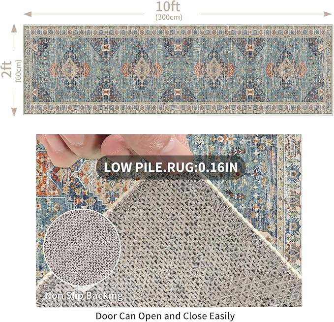 Enkor Runner Rugs for Hallway, 2x10 Washable Soft Non Slip Floor Rugs for Kitchen, Modern Mat for Living Room Bedroom Entryway Green & Blue