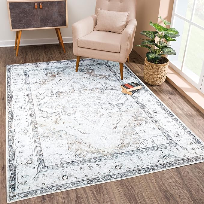 Bloom Rugs Washable Non-Slip 9' x 12' Rug - Brown/Beige/Charcoal Traditional Area Rug for Living Room, Bedroom, Dining Room, and Kitchen - Exact Size: 9' x 12'