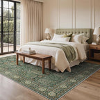 Bavni Washable Rugs 8x10-Machine Washable Rug Lightweight Low Pile, Vintage Floral Rug Non-Shedding Distressed Throw Carpet for Living Room Bedroom Office, Forest Green