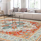 WILLSUN Washable Area Rugs, 9x12 Non-Slip Boho Large Area Rugs for Living Room, Bedroom, Machine Washable Vintage Rug, Indoor Floral Print Carpet for Home Decor, Kid & Pet Friendly Mat