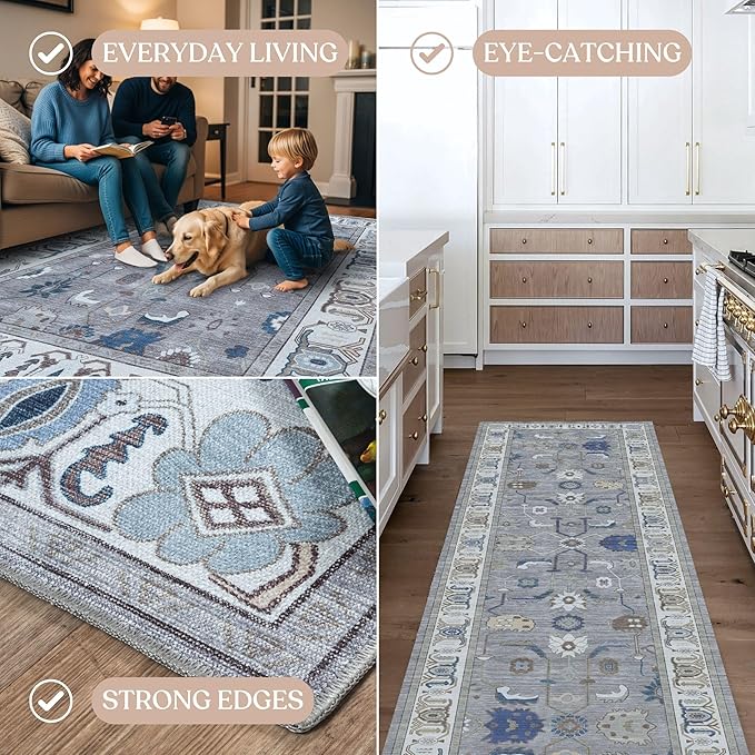 Grey Oushak Rug, Modern, Vintage, Turkish, Eclectic, Floral, Pastel, Washable, Extra Large Area Rugs for Living Room, Dining, Bedroom, Lounge, 9'x12'