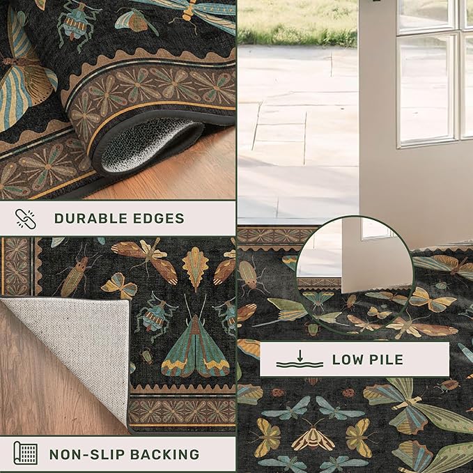 Living Room Rug Black Boho 6x9 - Dining Room Rugs for Under Table, Bedroom, Insect Bug Eclectic Home Décor, Washable Non Slip Foldable
