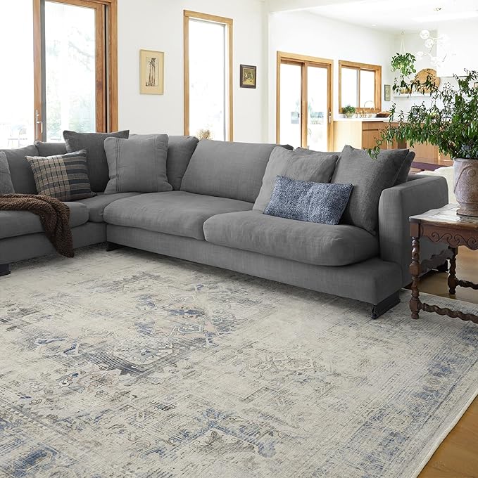 RUGGABLE Washable Vintage Area Rug – Kamran Blue Quartz 9x12, Stain-Resistant, Non-Slip – Large Machine Washable Rugs for Living Room, Bedroom, Hallway, Entryway & Office–with Cushioned Pad