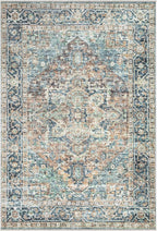 Bloom Rugs Washable Non-Slip 2x3 Rug - Blue Green/Tangerine Traditional Oriental Area Rug for Living Room, Bedroom, Dining Room, and Kitchen - Exact Size: 2' x 3'