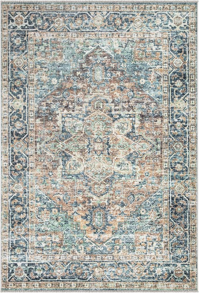 Bloom Rugs Caria Washable Non-Slip 8x10 Rug - Blue Green/Tangerine Traditional Area Rug for Living Room, Bedroom, Dining Room, and Kitchen - Exact Size: 7'8" x 10'