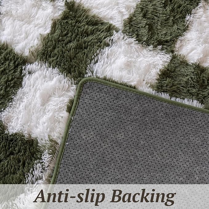 5x7 Area Rugs for Living Room Bedroom, Soft Fluffy Shaggy Bedside Rug, Indoor Floor Carpet for Kids Playroom, Dorms, Nursery Rooms, Home Decor (Olive Green & White 5'x7')