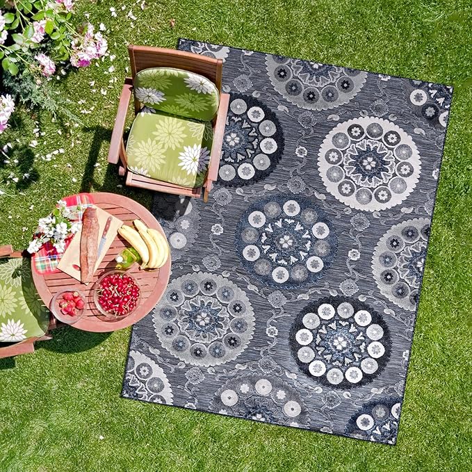 CAMILSON Indoor Outdoor Rug 9x12 Bohemian Medallion Floral Area Rugs for Indoor and Outdoor Patios Easy-Cleaning Non-Shedding Living Room Garden and Kitchen Washable Outside Carpet (9 x 12 / Navy)