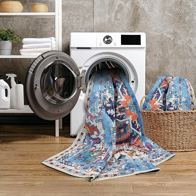 GLN Rugs Traditional Collection - Machine Washable Area Rug, Traditional Washable, Non Slip, Low Pile Chenille Rug, Living Room, Bedroom, Kitchen Rug (2'6" x 10' Blue/Multicolor)