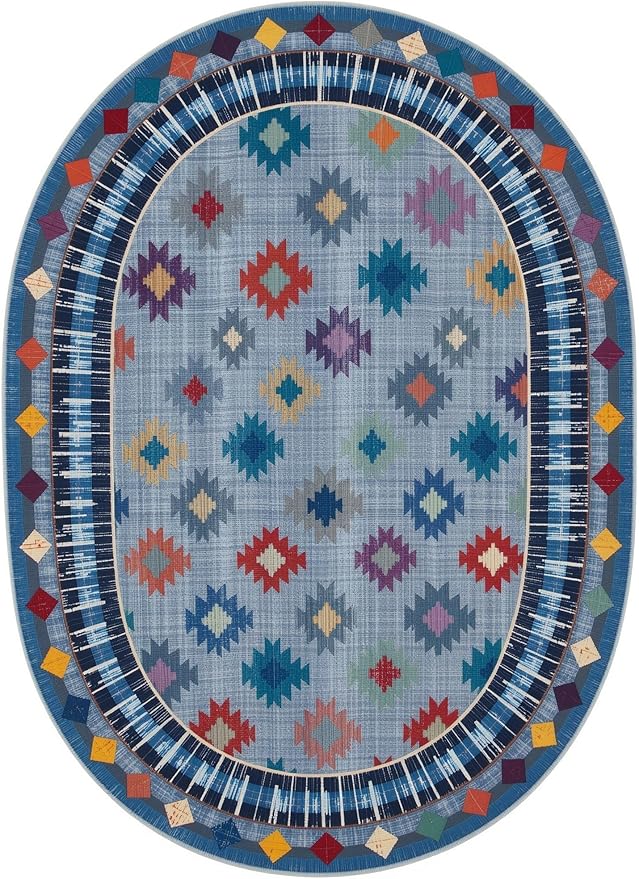 Funky Vintage Blue Red Orange Geometric Texture Indoor Area Rug for Living Room Bedroo Dining Room Faux Wool Soft Low Pile Oval Rugs 5x7 Entrance Nursery Farmhouse Rustic Country Home Office Carpet