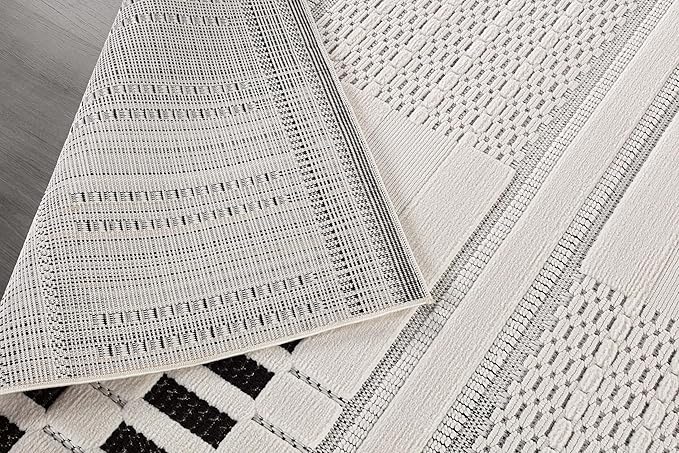 CAMILSON Modern Rug 10x14 Luxury Geometric Pattern Large Micro Loop Area Rugs Soft High and Low Pile Stain Resistant Easy to Clean Non-Shedding Durable Living Room Bedroom Indoor Carpet (White/Black)