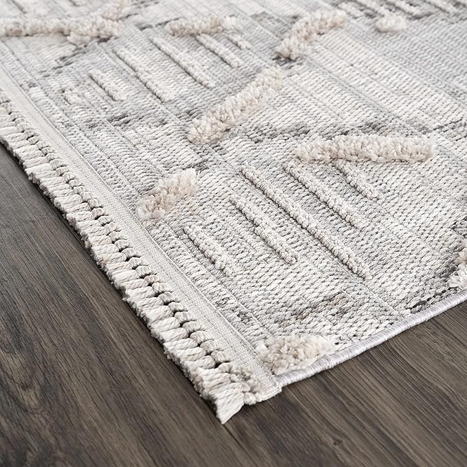 Hauteloom Bogtong Farmhouse Living Room Bedroom Moroccan Trellis Area Rug - Soft Shaggy High Low Carpet - High Pile - Bohemian, Boho - Gray, Beige, Cream - 5'3" x 7'