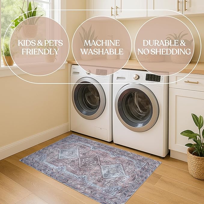 Washable Area Rug, Modern Farmhouse, Vintage, Turkish, Bohemian, Distressed, Oriental, Traditional, Rugs for Living Room, Dining, Bedroom, Office, Entryway, Foyer, (863BM, 2' x 3')
