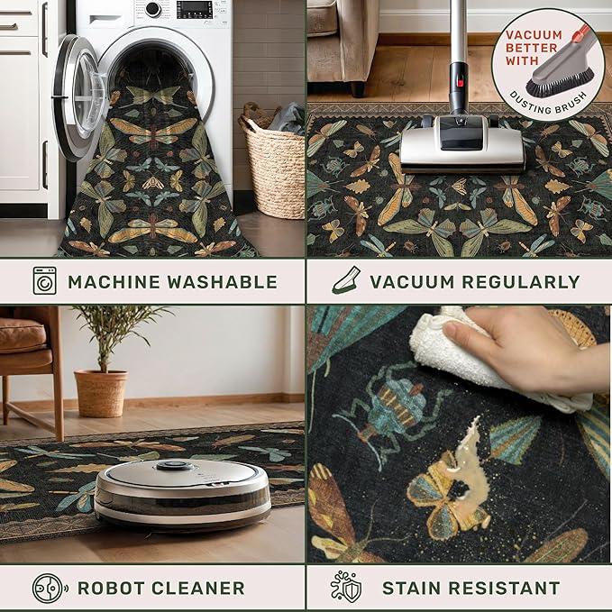 Washable Black 6ft Round Area Rugs for Bedroom Beside Bed - Dark Unique Insect Print Circle Rug for Living Room, Dining Room, Vintage Nature Insect Design, Low Pile & Soft