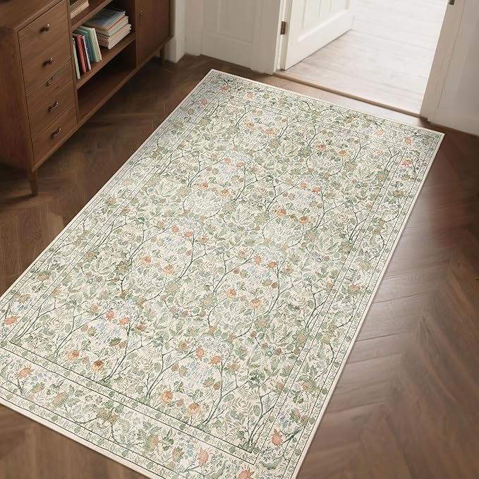 Washable Living Room Rug: 3x5 Boho Floral Soft Area Rug for Bedroom Decor - Vintage Low Pile Thin Carpet for Dining Room Non-Slip - Farmhouse Stain Resistant Rugs - Beige Green