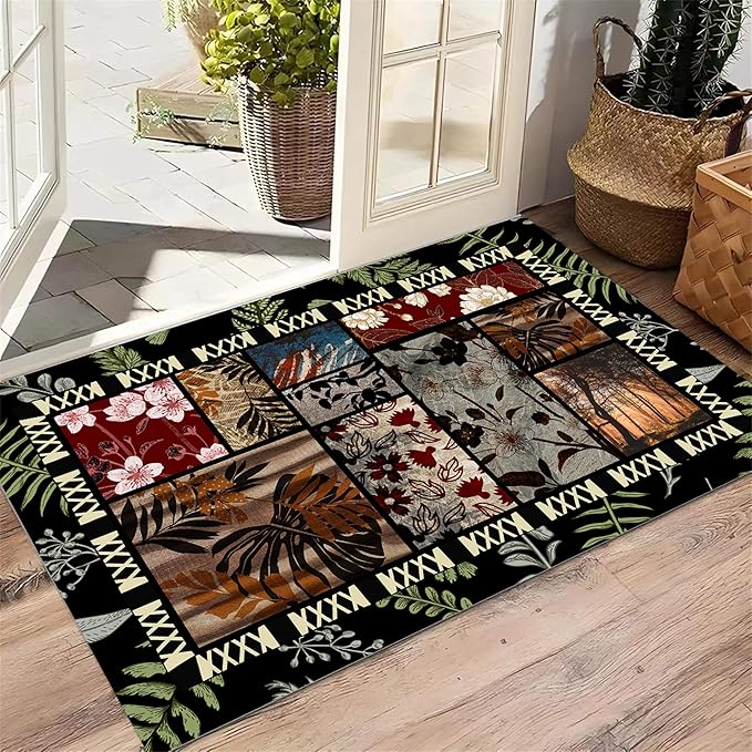 Vintage Jungle Floral Area Rug 7x10ft, Tropical Leaf Print Low Pile Carpet, Washable Non-Slip & Soft Mat for Bedroom, Living Room, Dining Room, Playroom