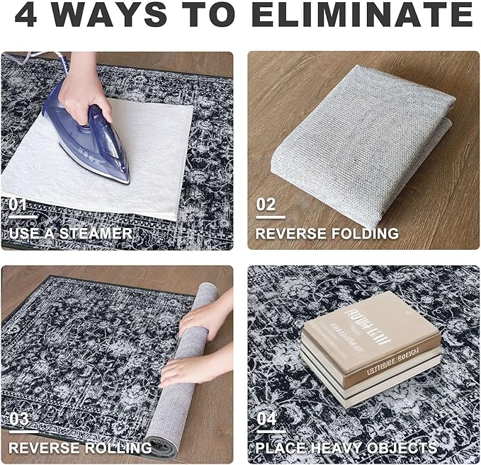 KILOCOCO Washable Runner 2x5 Rug Runner Printed Vintage Floral Kitchen Runners Non-Slip Rubber Backed Runners for Hallways Distressed Thin Soft Rugs for Entryway Laundry Room, Black/Navy/White