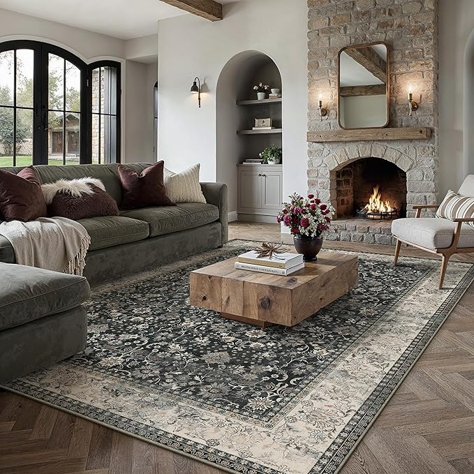 HUGEAR 6x9 Machine Washable Rugs Black Beige Hallway Large Area Rug Indoor Accent Rug Floral Low Pile Carpet Soft Throw Aesthetic Rug Bedroom Living Room Office Dining Room Laundry Room