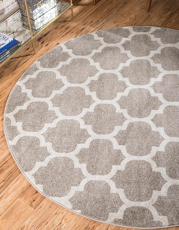 Rugs.com Lattice Collection Rug – 8 Ft Round Light Brown Medium Rug Perfect for Kitchens, Dining Rooms