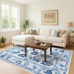 Fame Living Navy Blue Oushak Rug, Modern, Vintage, Turkish, Eclectic, Floral, Pastel, Washable, Extra Large Area Rugs for Living Room, Dining, Bedroom, Lounge, 9'x12'