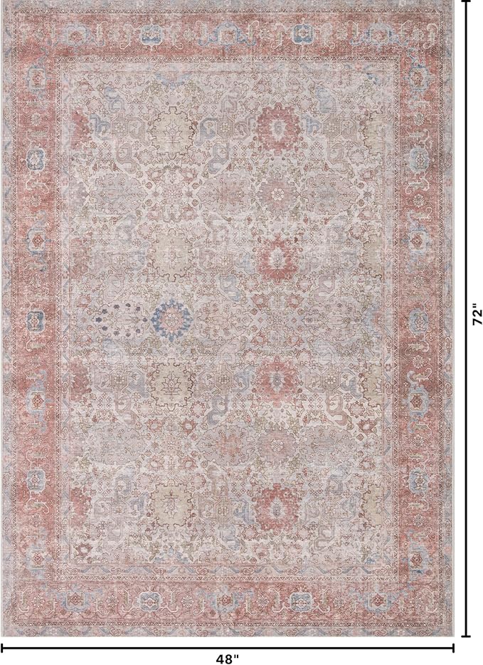 Kuden 4x6 Area Rug, Machine Washable Area Rug with Non-Slip Backing, Vintage Style, Soft, Easy Clean, Low Pile Rug for Living Room, Bedroom, Dining Room