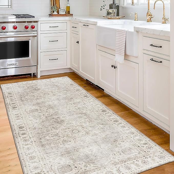ReaLife Rugs Machine Washable Area Rug Runner - Living Room Bedroom Bathroom Kitchen Entryway Office - Padded Low Pile Stain Resistant Premium - Boho Farmhouse Vintage - Joy - Beige Ivory 2'6" x 8'